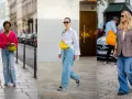 Trzy kobiety prezentują modne spodnie slouchy w różnych stylizacjach. Jedna w różowym kardiganie, druga w białej koszuli, trzecia w marynarce w kratę.