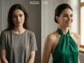 Przed i po: zwykły t-shirt kontra elegancka sukienka z dekoltem. Wstawki do dekoltu mogą odmienić stylizację.