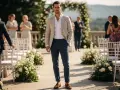 Elegancki mężczyzna w beżowej marynarce i granatowych spodniach, idealny outfit na wesele. Tło ceremonii ślubnej z kwiatami.