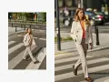 Elegancka stylizacja: jaka marynarka do beżowych spodni? Modelka w beżowej marynarce dwurzędowej i spodniach w prążek na pasach.