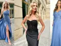 Trzy kobiety w eleganckich sukniach. Niebieska z rozcięciem i czarna gorsetowa podkreślają sylwetkę, pokazując, jakie sukienki wyszczuplają.