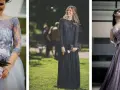 Trzy kobiety w pięknych kreacjach: błękitna sukienka koktajlowa wieczorowa z bukietem, granatowa sukienka wieczorowa z koronką i fioletowa błyszcząca suknia.