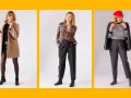Elegancka moda dla pań po 60: płaszcz, skórzana spódnica, panterkowy sweter, spodnie, marynarka i czerwona czapka.