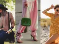 Trzy kobiety w modnych stylizacjach: w kapeluszu i brązowej kurtce, w różowych spodniach i zielonej torebce, oraz w żółtej sukience na plaży. Prawdziwe fashion victim!