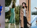 Eleganckie ubrania dla niskich kobiet: kobaltowa sukienka, miętowa maxi, trencz i biały komplet.