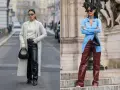 Dwie kobiety prezentują stylizacje ze skórzanymi spodniami. Jedna w czarnych, druga w bordowych. Jaka bluzka do skórzanych spodni? Oto inspiracje.