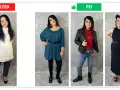 Kobieta prezentuje cztery stylizacje. Pierwsza to luźny sweter i spodnie. Kolejne to sukienka, jeansy z ramoneską i czerwonym topem, oraz czarna sukienka maxi. Widać, jak zmienia się jej sylwetka.