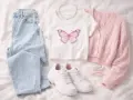 Ubrania w stylu coquette: jasne jeansy, biały crop top z motylem, różowy sweterek, białe sneakersy i perłowy naszyjnik.