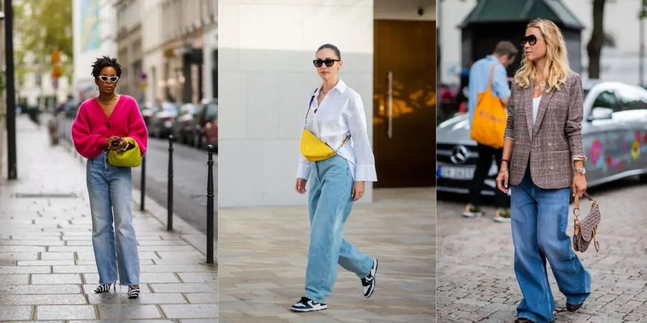 Trzy kobiety prezentują modne spodnie slouchy w różnych stylizacjach. Jedna w różowym kardiganie, druga w białej koszuli, trzecia w marynarce w kratę.