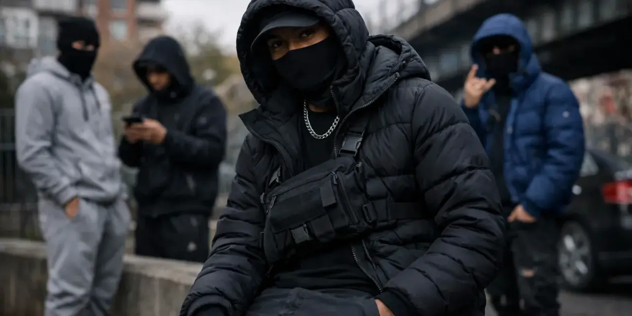 Młodzi mężczyźni w kapturach i maskach, w stylu drill, siedzą na murku. Jeden z nich ma na sobie czarną kurtkę puchową i torbę taktyczną.