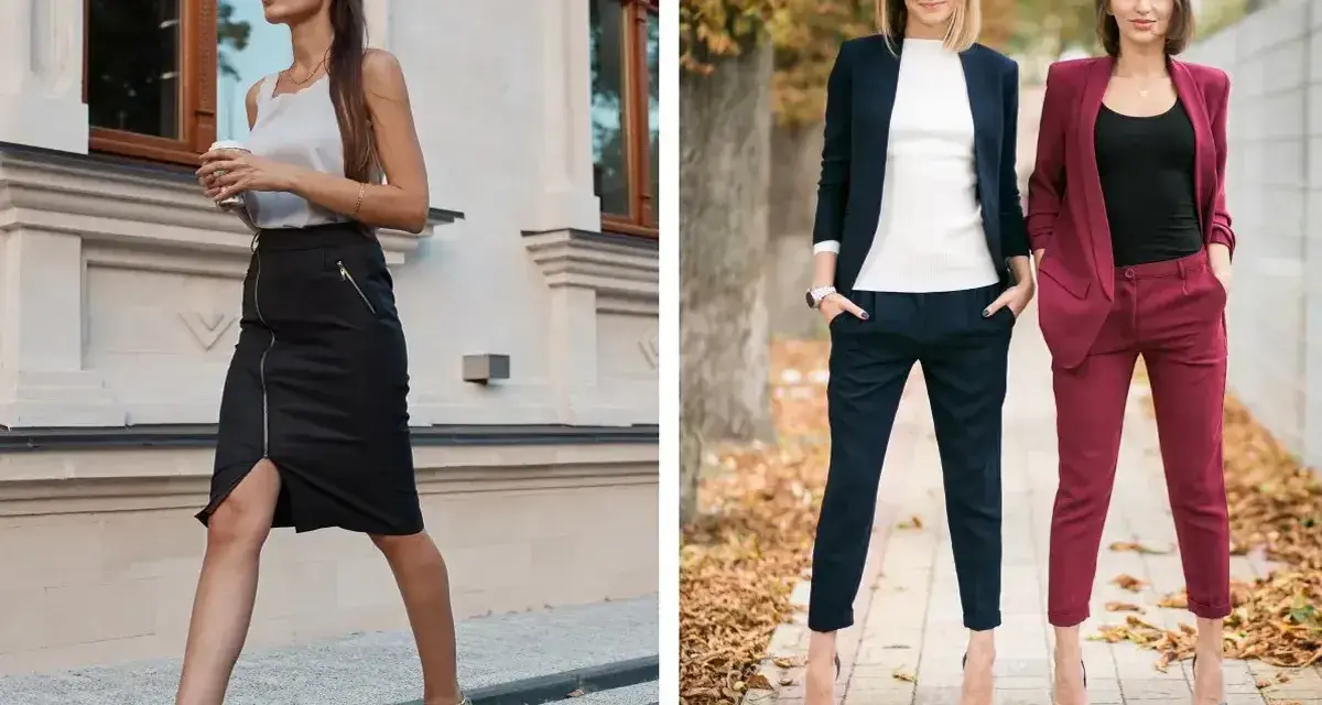 Eleganckie stylizacje na imprezę w lokalu: czarna spódnica z zamkiem i szpilki lub garnitur w granacie lub bordo.