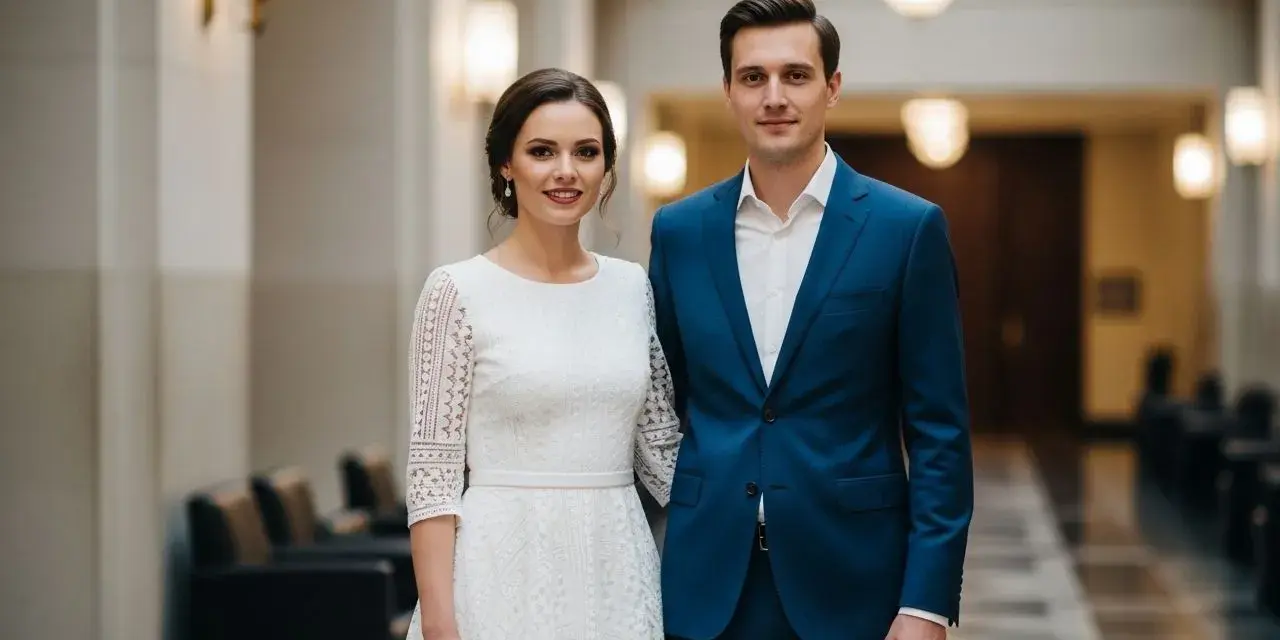 Para w eleganckich strojach, w czym do ślubu. Ona w koronkowej białej sukni, on w granatowym garniturze.