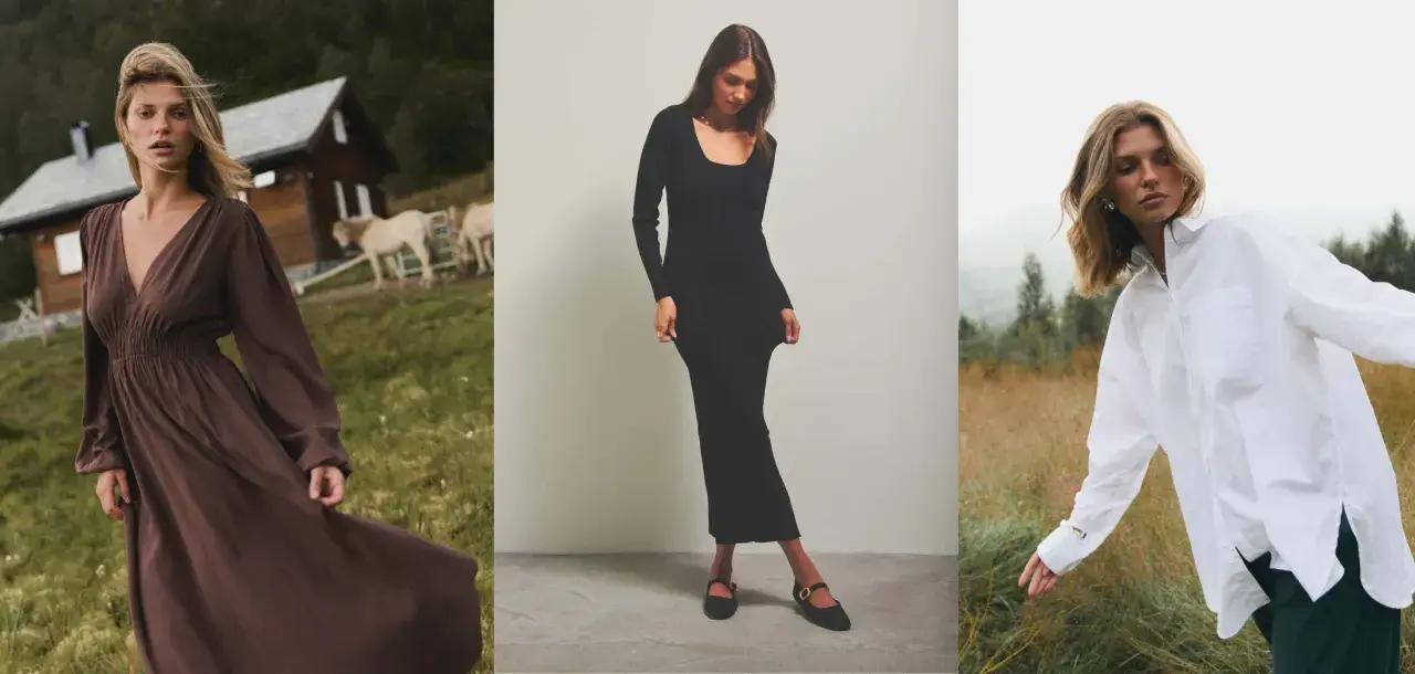 Elegancka sukienka na Wigilię firmową: brązowa maxi, czarna dopasowana lub biała koszula oversize.