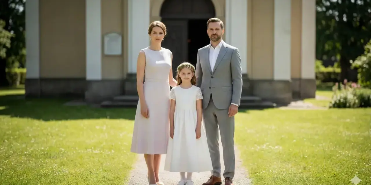 Rodzina w eleganckich strojach przed kościołem.