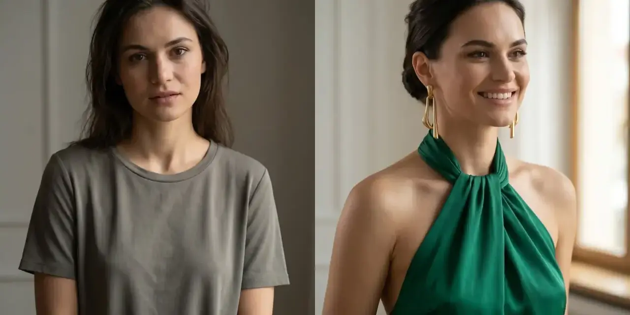 Przed i po: zwykły t-shirt kontra elegancka sukienka z dekoltem. Wstawki do dekoltu mogą odmienić stylizację.