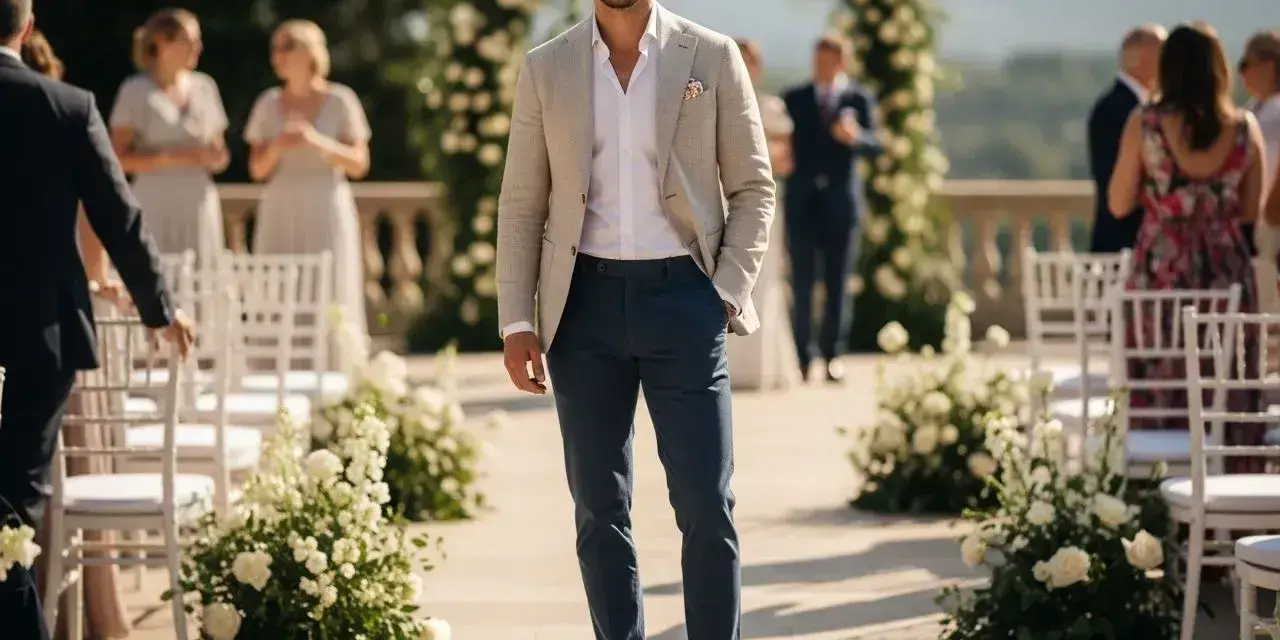 Elegancki mężczyzna w beżowej marynarce i granatowych spodniach, idealny outfit na wesele. Tło ceremonii ślubnej z kwiatami.
