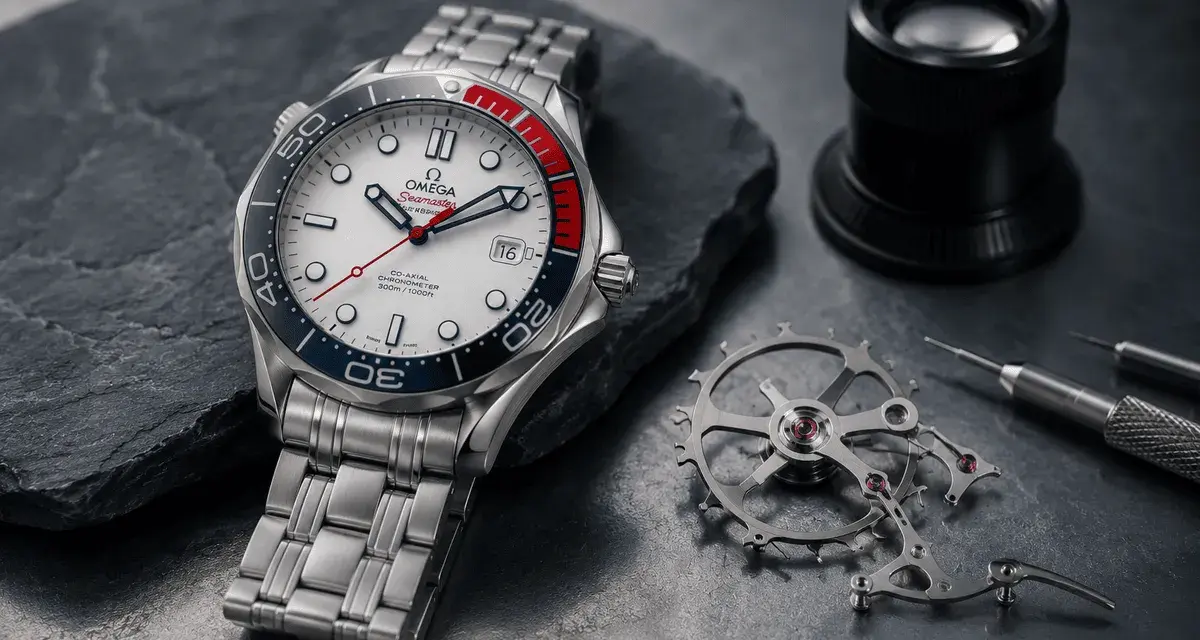 Zegarek Omega Seamaster z mechanizmem i narzędziami. Dowiedz się, jak zmniejszyć bransoletę w zegarku, by idealnie pasowała.
