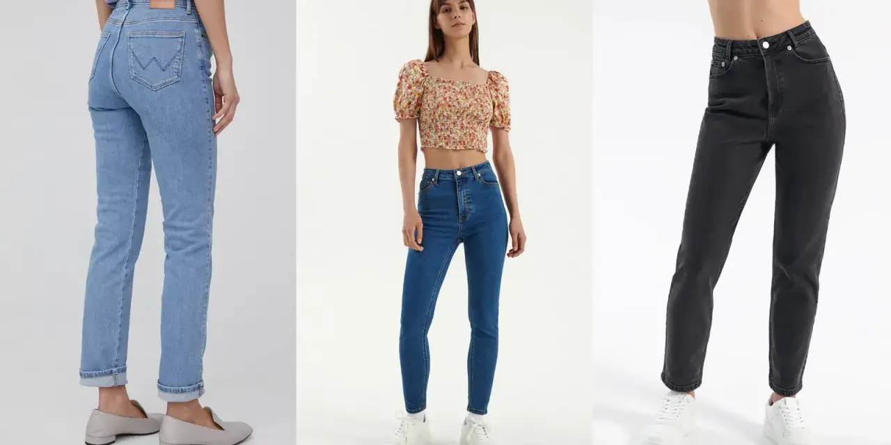 Idealne spodnie dla klepsydry: jasne jeansy z wysokim stanem, ciemne jeansy skinny i klasyczne niebieskie jeansy.