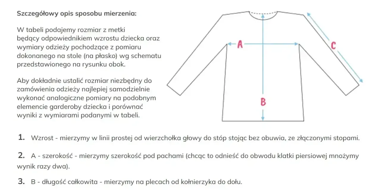 Instrukcja mierzenia odzieży: rozmiar 134 jaki wiek? Schemat pokazuje jak mierzyć wzrost (A), szerokość (B) i długość rękawa (C) ubrań dla dzieci.