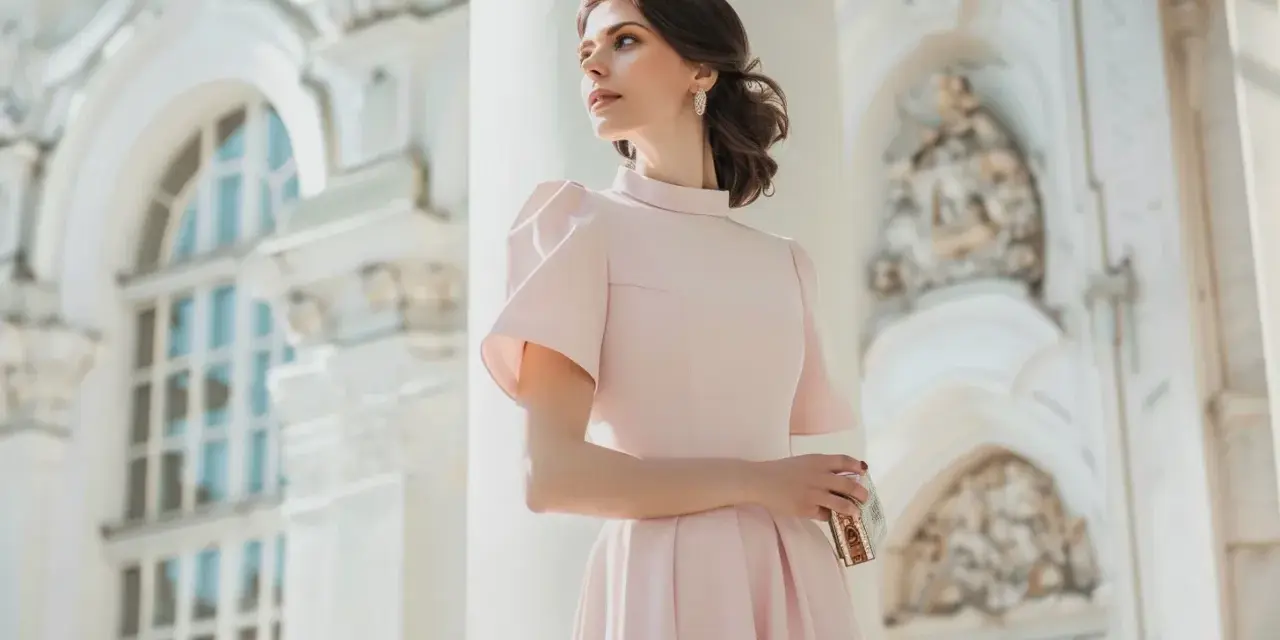 Elegancka kobieta w pudrowej sukience, idealna inspiracja, jak się ubrać na chrzciny.