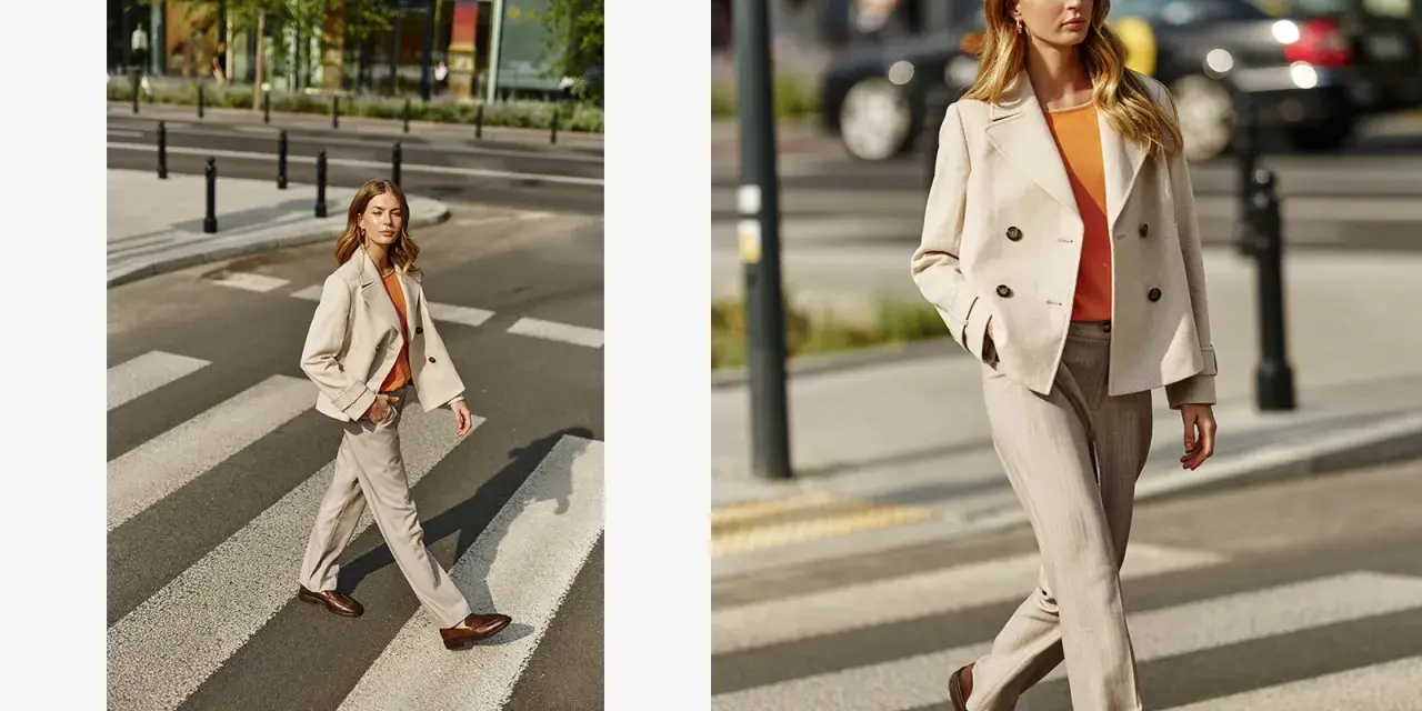 Elegancka stylizacja: jaka marynarka do beżowych spodni? Modelka w beżowej marynarce dwurzędowej i spodniach w prążek na pasach.