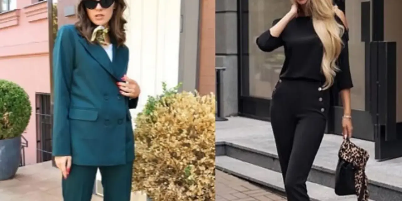 Eleganckie stylizacje, które podpowiedzą, jak się ubrać do sądu. Dwie kobiety w garniturach i eleganckich spodniach.