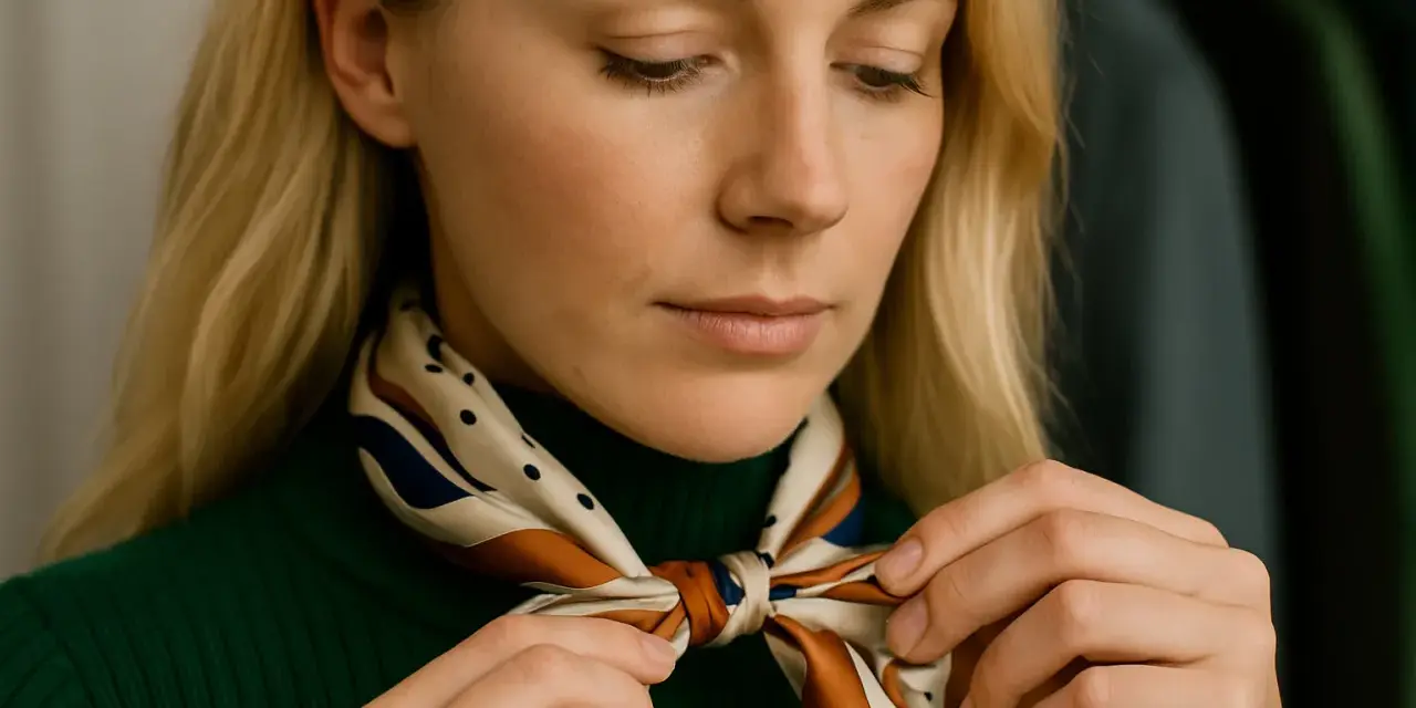 Kobieta w zielonym golfie uczy się, jak wiązać apaszkę. Wzorzysta chusta ozdabia jej szyję.