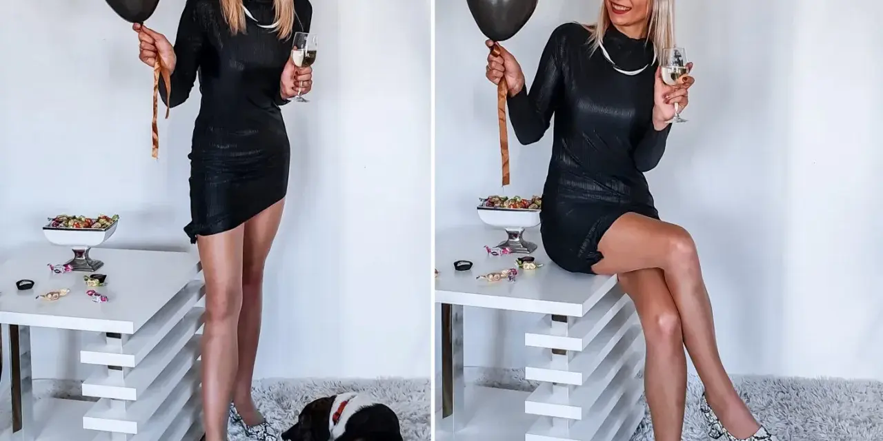 Elegancka czarna sukienka, wążowe szpilki i balon – idealny zestaw, jak się ubrać na 18. Uzupełnieniem stylizacji kieliszek szampana i piesek.