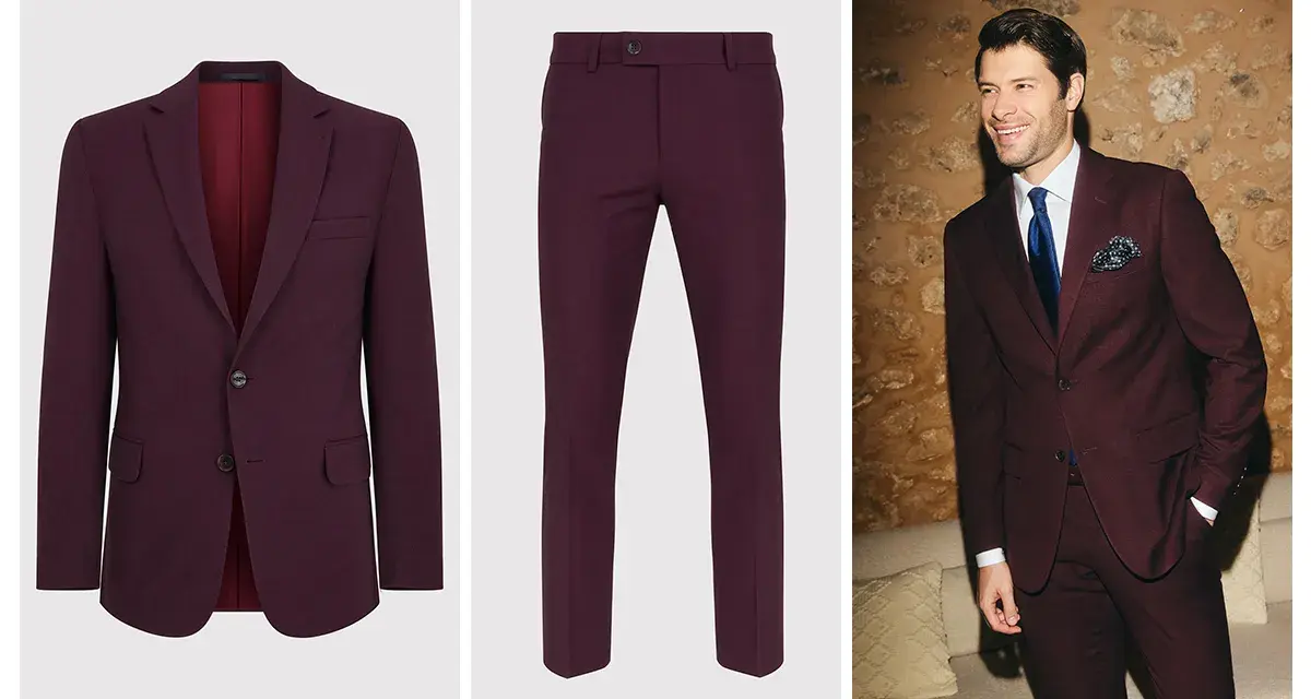 Eleganckie, bordowe garnitury w różnych ujęciach. Męski styl w intensywnych kolorach.