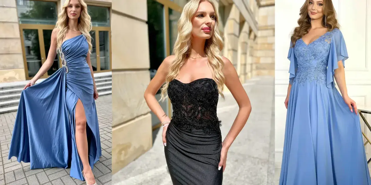 Trzy kobiety w eleganckich sukniach. Niebieska z rozcięciem i czarna gorsetowa podkreślają sylwetkę, pokazując, jakie sukienki wyszczuplają.