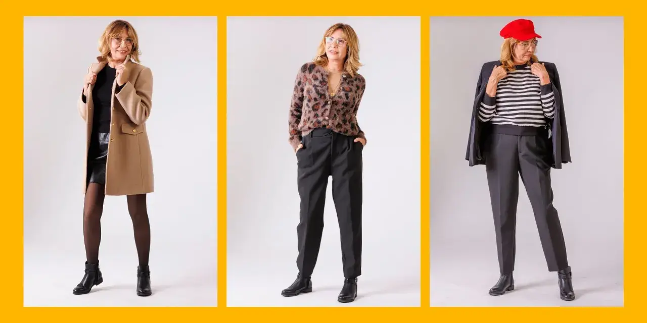 Elegancka moda dla pań po 60: płaszcz, skórzana spódnica, panterkowy sweter, spodnie, marynarka i czerwona czapka.