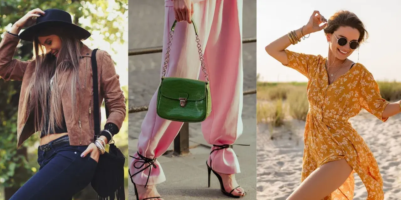Trzy kobiety w modnych stylizacjach: w kapeluszu i brązowej kurtce, w różowych spodniach i zielonej torebce, oraz w żółtej sukience na plaży. Prawdziwe fashion victim!