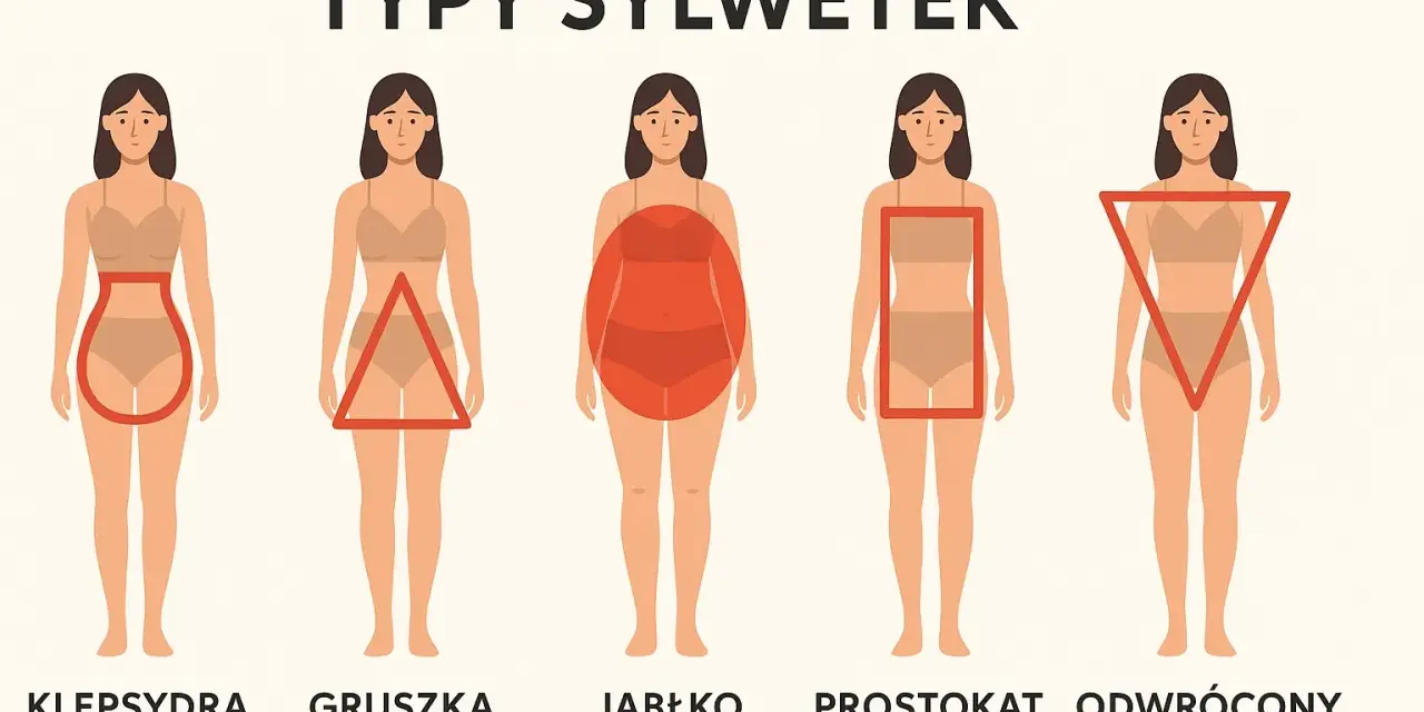 Ilustracja przedstawia pięć typów sylwetek: klepsydra, gruszka, jabłko, prostokąt i odwrócony trójkąt.
