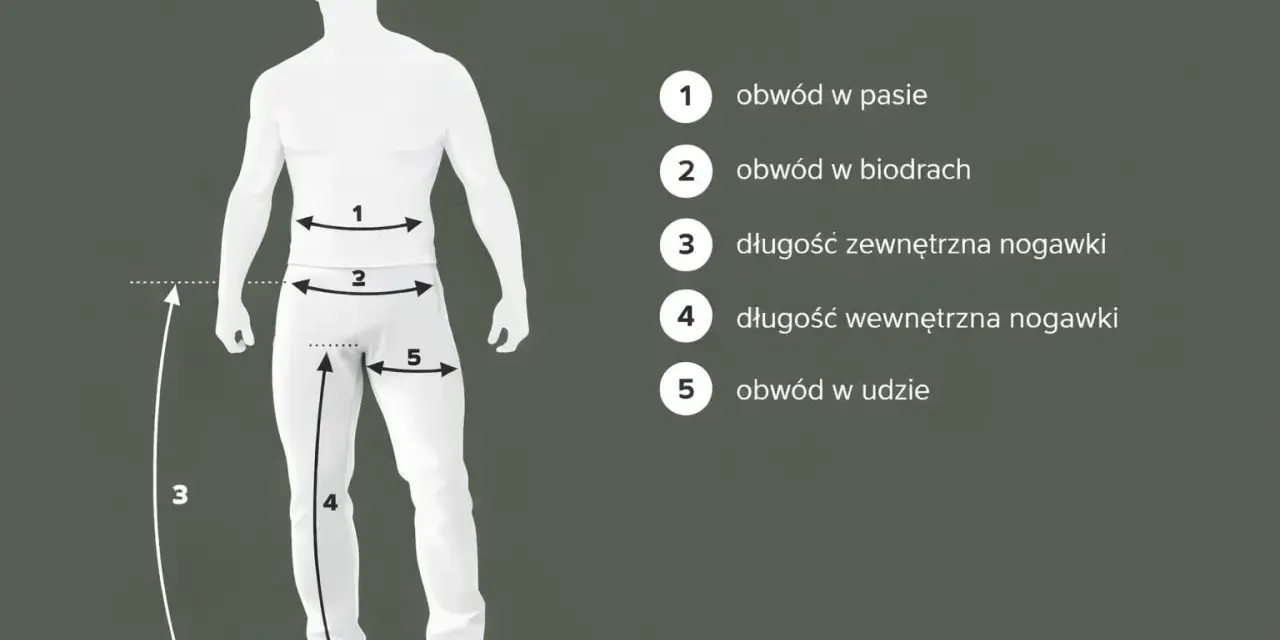 Schemat mierzenia sylwetki do określenia rozmiarów spodni: obwód w pasie, biodrach, udzie oraz długość zewnętrzna i wewnętrzna nogawki.
