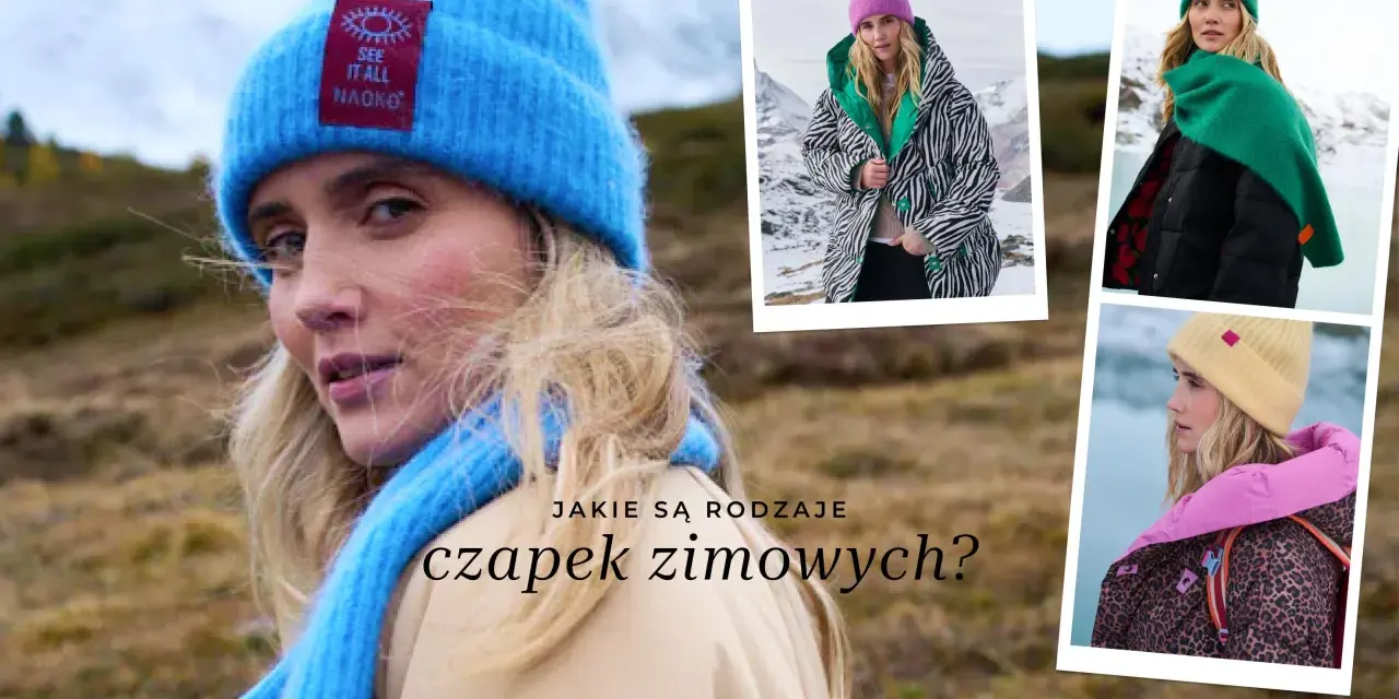 Kobiety w różnych rodzajach czapek zimowych: niebieskiej, różowej, zielonej i żółtej.