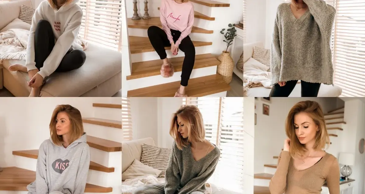 Kobieta prezentuje stylowe stylizacje dresowe damskie: wygodne bluzy i spodnie, idealne na co dzień i relaks.