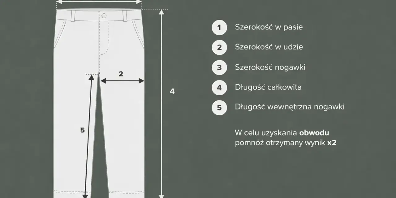 Tabela rozmiarów spodni: szerokość w pasie (1), udzie (2), nogawce (3), długość całkowita (4) i wewnętrzna nogawki (5). Rozmiar 32/34 oznacza obwód w pasie 32 i długość wewnętrzną nogawki 34.