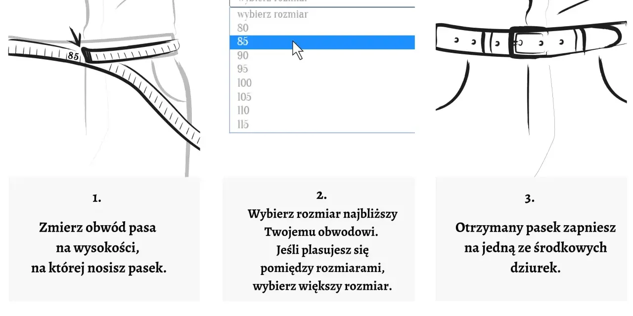Instrukcja wyboru paska: zmierz obwód pasa, wybierz rozmiar (np. 90), zapnij na środkową dziurkę. Rozmiar to obwód pasa.