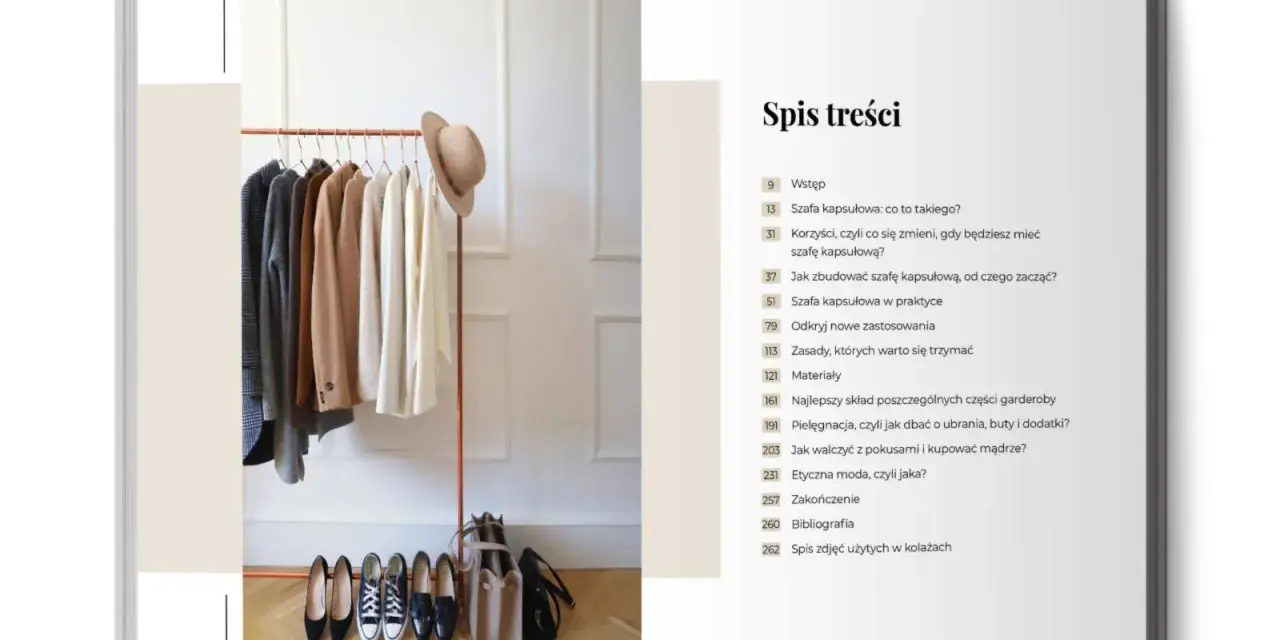 Elegancka szafa kapsułowa z ubraniami i butami, alternatywa dla fast fashion.