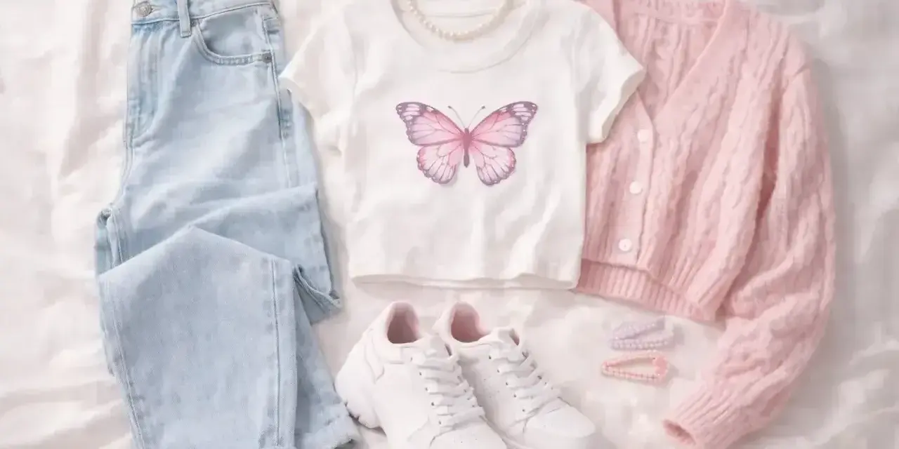 Ubrania w stylu coquette: jasne jeansy, biały crop top z motylem, różowy sweterek, białe sneakersy i perłowy naszyjnik.