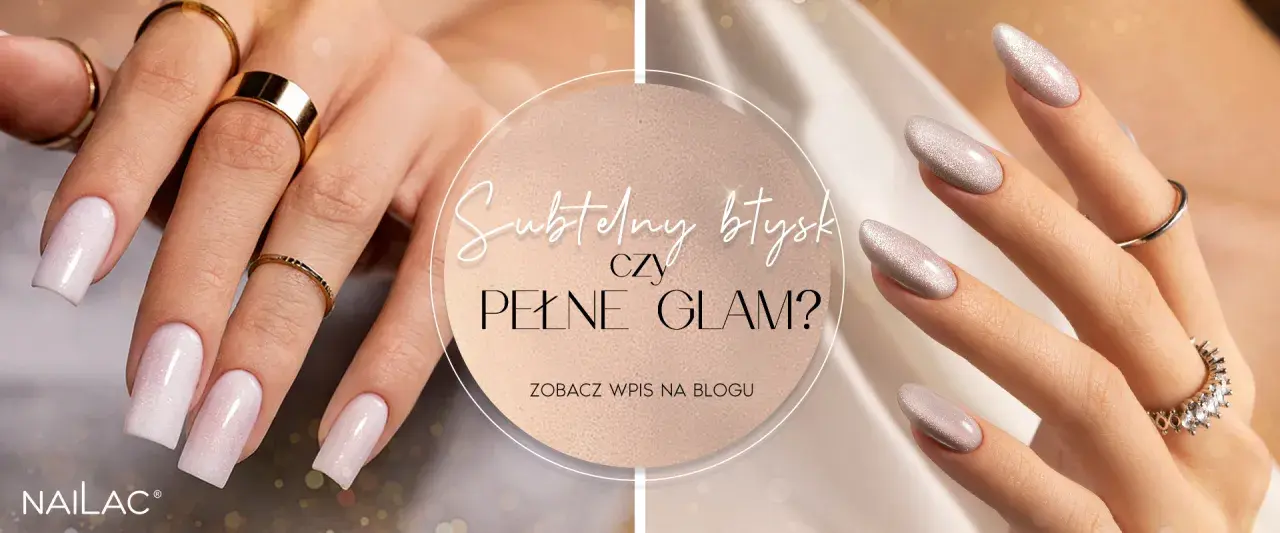 Dłonie z paznokciami w stylu glam rock, ozdobione złotą biżuterią. Wybierz subtelny błysk lub pełen glam.