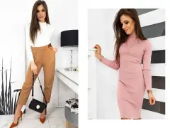 Klepsydra figura w eleganckich stylizacjach: biały golf i brązowe spodnie lub różowa sukienka.