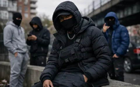 Młodzi mężczyźni w kapturach i maskach, w stylu drill, siedzą na murku. Jeden z nich ma na sobie czarną kurtkę puchową i torbę taktyczną.