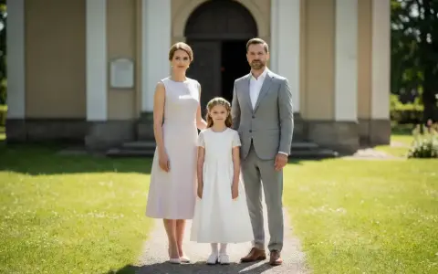 Rodzina w eleganckich strojach przed kościołem.