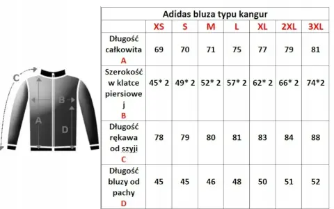 Tabela rozmiarów bluzy Adidas kangur. Jaki to rozmiar? Sprawdź wymiary od XS do 3XL: długość całkowita, szerokość w klatce, długość rękawa i bluzy od pachy.
