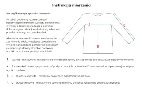Instrukcja mierzenia odzieży: rozmiar 134 jaki wiek? Schemat pokazuje jak mierzyć wzrost (A), szerokość (B) i długość rękawa (C) ubrań dla dzieci.