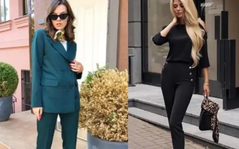 Eleganckie stylizacje, które podpowiedzą, jak się ubrać do sądu. Dwie kobiety w garniturach i eleganckich spodniach.