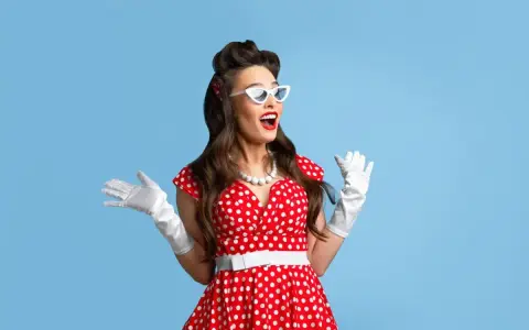 Urocza pin up girl w czerwonej sukience w grochy, białych rękawiczkach i okularach w kształcie kocich oczu, z uniesionymi rękami w geście zdziwienia.
