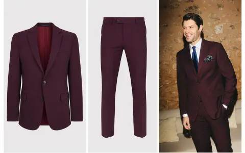 Eleganckie, bordowe garnitury w różnych ujęciach. Męski styl w intensywnych kolorach.