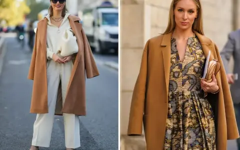 Eleganckie dodatki do brązowego płaszcza: biały komplet i wzorzysta sukienka.
